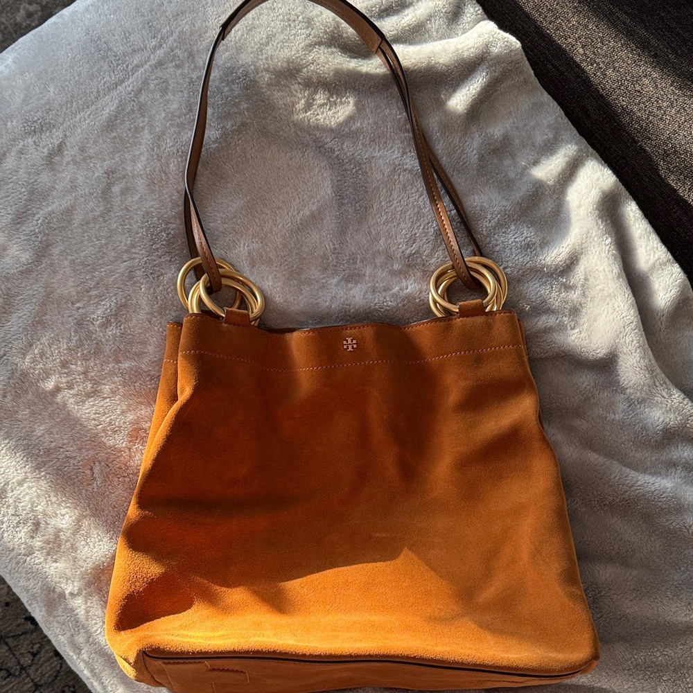 Tory Burch Brown Suede Shoulder Bag with Gold Accents